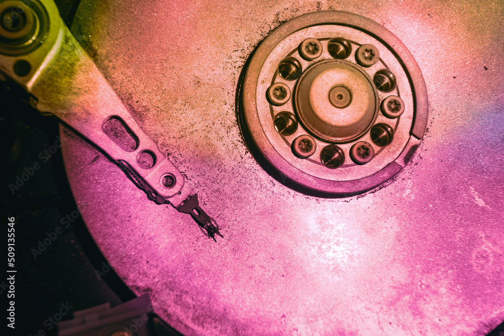 Poster Close up beautiful open detail frozen hard disk. Concept protection information or save user data.