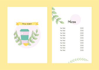 Hot tea menu graphic template. Blue cup tea with green plants, yellow lemon, tea list and sircle concept.
