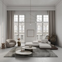 White living room in classical style interior mockup 3d render with large windows and view to classic building