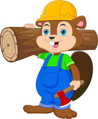 cute beaver carrying tree log trunk and holding an axe - obrazy, fototapety, plakaty