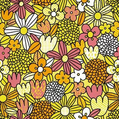 Fototapete Optimistic retro flowers on yellow background, pattern illustration © Stolenpencil