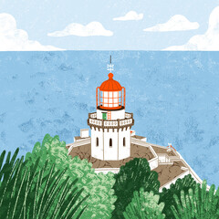 Scenic view with a lighthouse, travel illustration