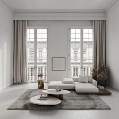 White living room in classical style interior mockup 3d render with large windows and view to classic building