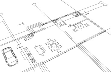 Modern house architectural drawing 3d illustration