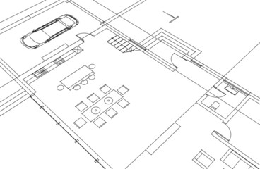 Modern house architectural drawing 3d illustration