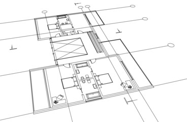 Modern house architectural drawing 3d illustration