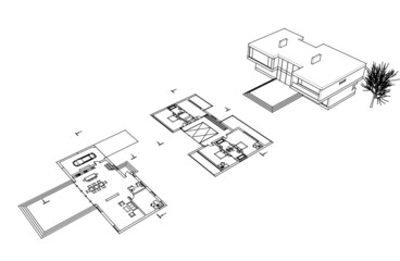 Modern house architectural drawing 3d illustration