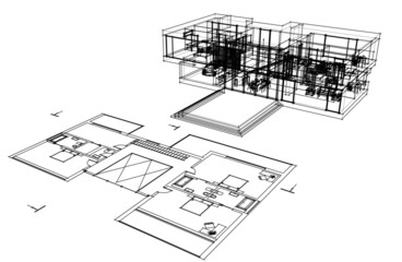 Modern house architectural drawing 3d illustration