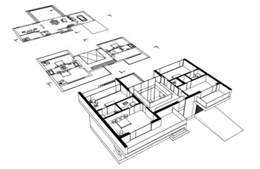 Modern house architectural drawing 3d illustration