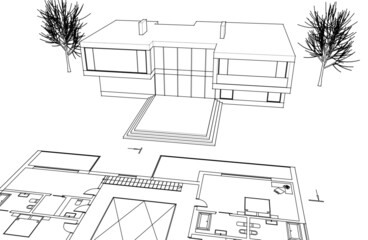 Modern house architectural drawing 3d illustration