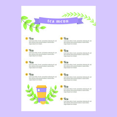 Hot tea menu graphic template. Purple cup tea with green plants, yellow lemon and tea list.