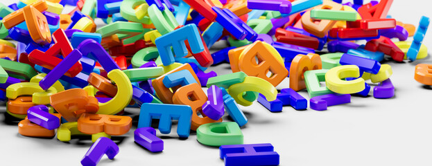 Alphabet letters on plain background. Plastic alphabet letters on white background. Rainbow colors. 3D illustration