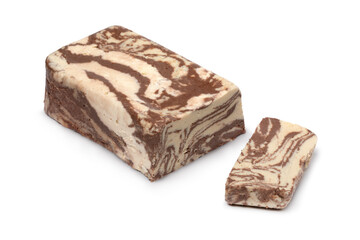 Traditional Turkish chocolate halva and a slice isolated on white background close up