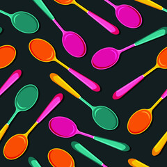 Spoon seamless pattern. Cutlery art for kitchen wallpaper, fabric, menu, wrapping paper, package design. Scandinavian style. Vibrant flat vector illustration isolated on dark background