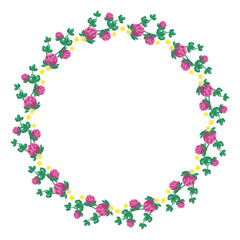 Wreath of pink clover flowers and white daisies. Round frame, cute bright plant with shamrock leaves. Festive decorations for wedding, holiday, postcard, poster and design. Vector flat illustration