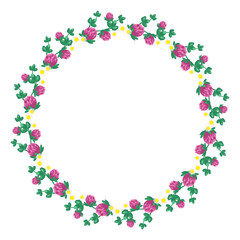 Obraz premium Wreath of pink clover flowers and white daisies. Round frame, cute bright plant with shamrock leaves. Festive decorations for wedding, holiday, postcard, poster and design. Vector flat illustration
