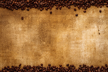 Coffee beans frame border on old parchment paper