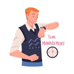 Man Character Looking at Watch Planning Time and Event Managing Schedule Vector Illustration