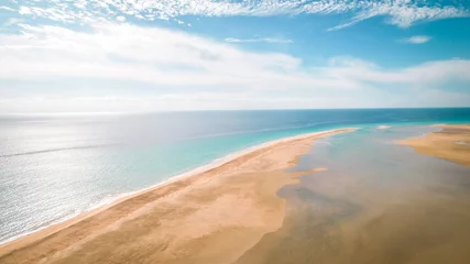 Crédence de cuisine en verre imprimé Plage de Sotavento, Fuerteventura, Îles Canaries Superbe prise de vue aérienne par drone de la plage ensoleillée de Sotavento de Jandía, Fuerteventura, plage, espagne