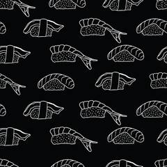 Japanese seafood sushi nigiri with salmon, shrimp and eel horizontal line design. Hand drawn white on black background. Vector seamless pattern voor restaurant design purposes.