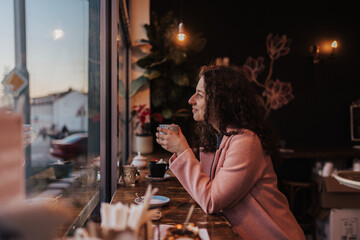 Young woman drinking tea and looking out of the cafe window while enjoying her leisure time alone