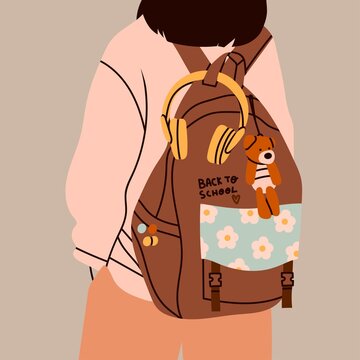 Person wearing oversized clothing standing with backpack. Rear View. Backpack with headphones, toy, flowers. Back to school, college, education, study concept. Hand drawn Vector illustration