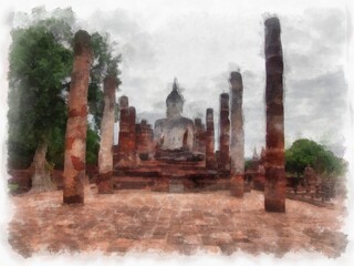 Fototapeta na wymiar Ancient Ruins in Sukhothai World Heritage Site watercolor style illustration impressionist painting.