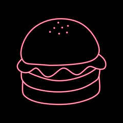 Neon pink burger silhouette thin line icon for restaurant logo design. Vector illustration of a fast food mascot isolated on a black background.