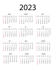 Calendar for 2023, the beginning of the week from Sunday. English text