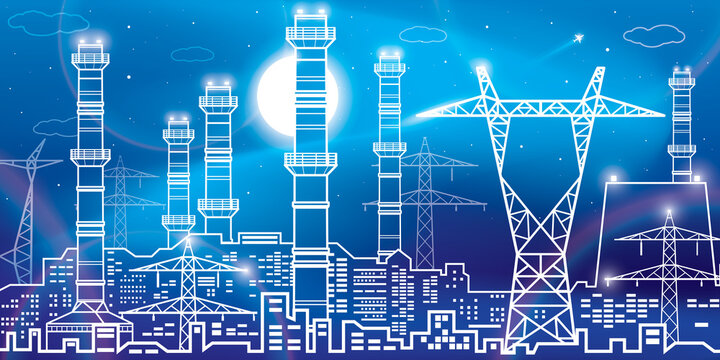 Power plant, energy industry outlines illustration panorama, urban night scene. Neon glow. Pipes and power lines. Factory infrastructure. Vector design art