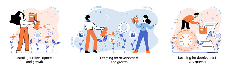 Learning development and growth. Self-learning metaphor, online emoloyee education distance e-learning. Skill improvement. Self development program way to success. Goal achieving professional training