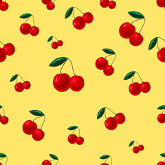 Vector seamless pattern. Cherry, sweet cherry on a beige background. Design for printing on textiles, clothing, wallpaper printing.
