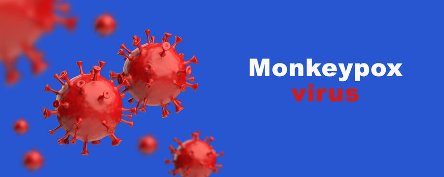 Monkeypox virus 3D Rendering. Realistic red color monkeypox on a blue background. Horizontal banner, poster, website header.