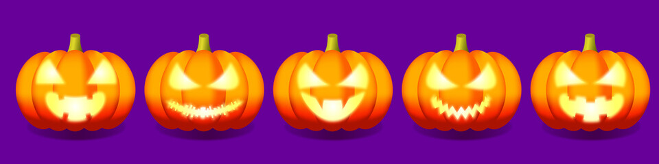 Set of pumpkins for Halloween holiday isolated on purple background