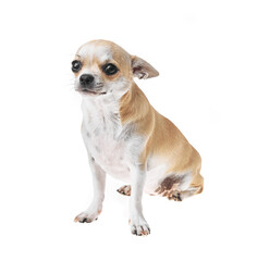 Beautiful and cute white and brown mexican chihuahua dog over isolated background. Studio shoot of purebreed miniature chihuahua puppy.