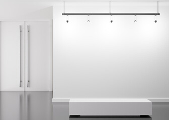 Empty white wall in modern art gallery. Mock up interior in minimalist style. Free, copy space for your picture, text, or another design. Empty exhibition space. 3D rendering.