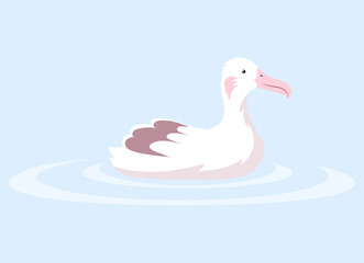 White waterfowl swims on water. Bird seagull on sea wave. Vector colorful bird illustration of cute albatross birdie, mallemuck. Avian species, wild life, fauna in forest. For nature, travel concept