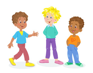 Three curly-haired boys are talking. In cartoon style. Isolated on white background. Vector illustration.
