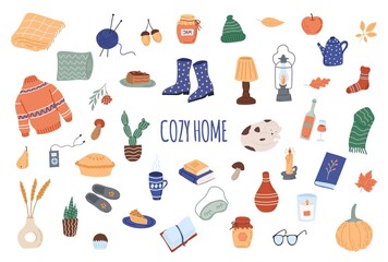 A set of autumn items. Cozy autumn, hugge, autumn season. Flat vector illustration