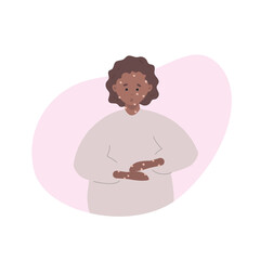 Rash on African female hands and face. Monkey pox symptoms. World epidemic outbreak. Disease spread awareness. Vector illustration in flat style.