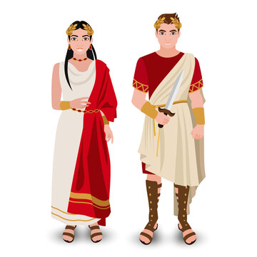 A woman in a white dress in the Roman imperial style and a man in a red tunic with a golden toga and a dagger in his hand. Stylized historical costumes. Fashion vector illustration.