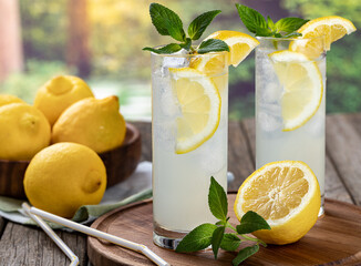 Two glasses of cold lemonade with rural background - obrazy, fototapety, plakaty