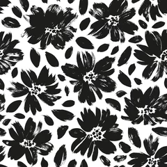 Schilderijen op glas Spring flowers hand drawn vector seamless pattern. Black brush flower silhouettes. Roses, peonies and chrysanthemums black silhouettes. Floral drawings with texture. Summer botanical background © Анастасия Гевко