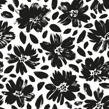Spring flowers hand drawn vector seamless pattern. Black brush flower silhouettes. Roses, peonies and chrysanthemums black silhouettes. Floral drawings with texture. Summer botanical background