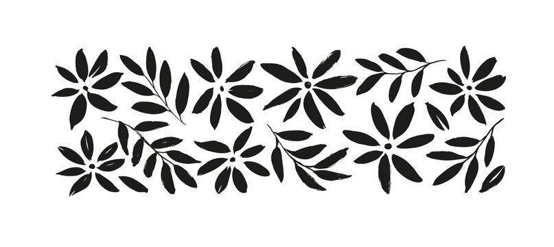 Black brush flower silhouettes. Spring flowers hand drawn vector set. Daisy, chamomiles and chrysanthemums cliparts. Ink drawing wild plants, herbs and flowers, monochrome botanical illustration.