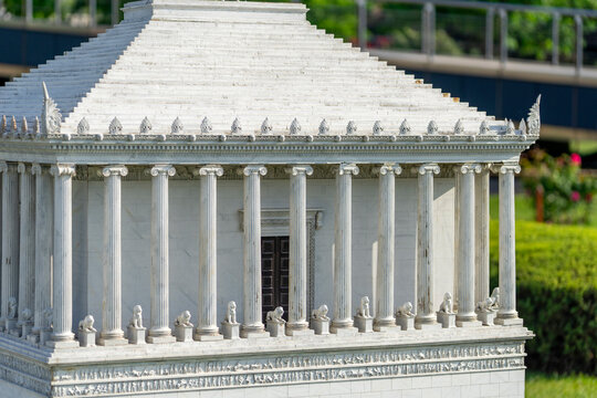 Detailed view of Mausoleum at Halicarnassus in Miniaturk Park of Istanbul, Turkey.
