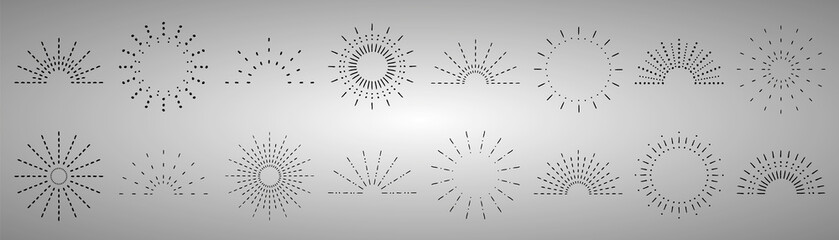 Fototapeta premium Sunburst set. Vintage sunrise collection. Vector light rays elements. Firework explosion, stars, emblem, logo, tag. Vector Illustration 