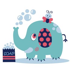 Elephant blowing soap bubbles and playing with his little friend