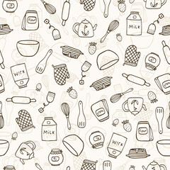 Vector seamless pattern with hand drawn food and kitchen items in doodle style. For feast invitation, fabric, kitchen textile, towel print, cover of cooking book, packaging design, template labels.