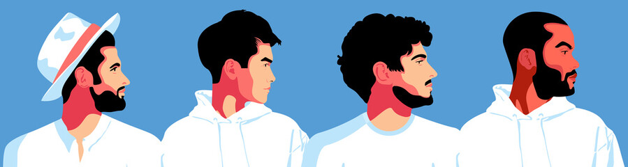 Fototapeta premium Set of 4 male portrait illustration side view. Silhouette group of multiethnic man who talk and share ideas and information. Young bearded men wearing in white and blue clothing.